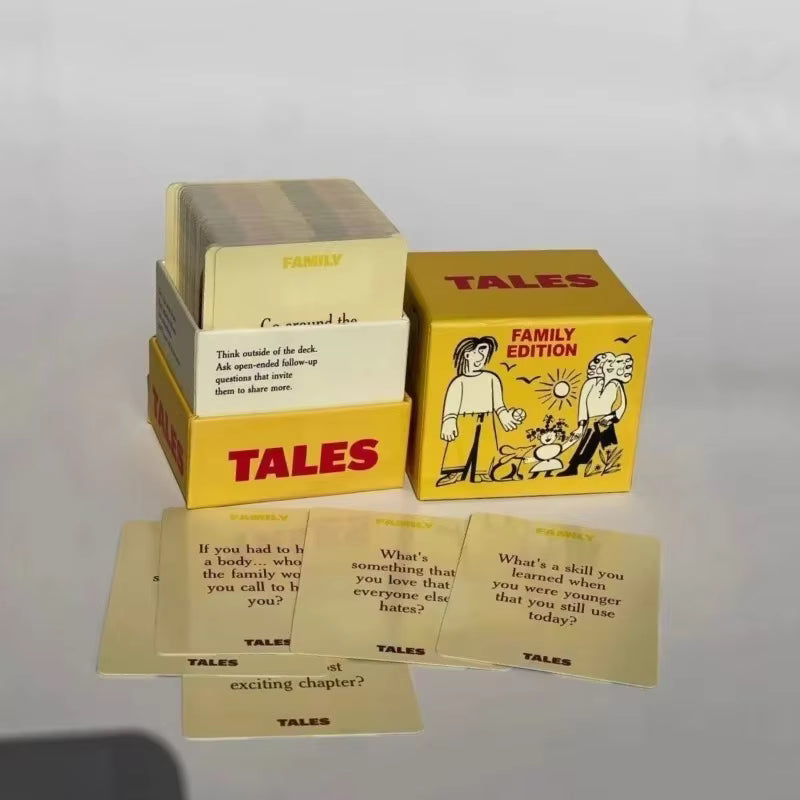TALES Family Edition box, card deck, and sample question cards fanned out