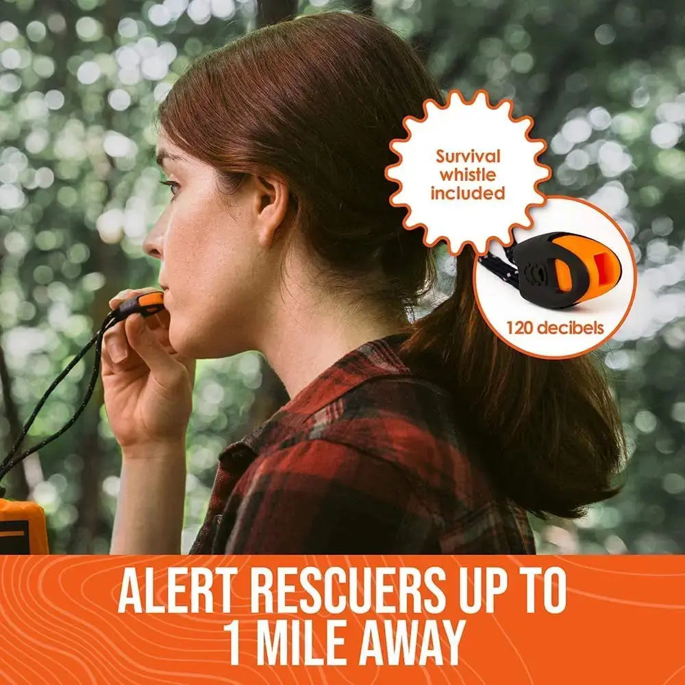 Woman using a survival whistle with a forest background, highlighting the whistle's range and features.
