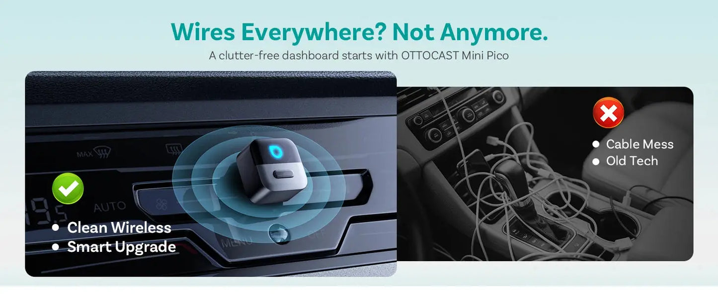 Advertisement for OTTOCAST Mini Pico with text 'Wires Everywhere? Not Anymore.' and images of a car dashboard with cable management solution.