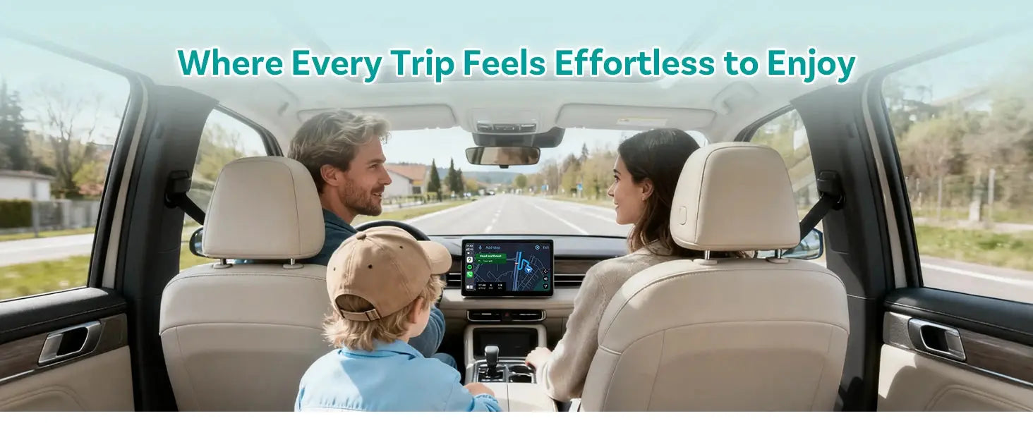 Family inside a car with a digital display, surrounded by nature.