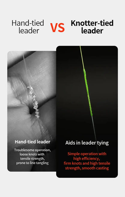 Comparison between hand-tied leader and knotted leader with text and visual examples.