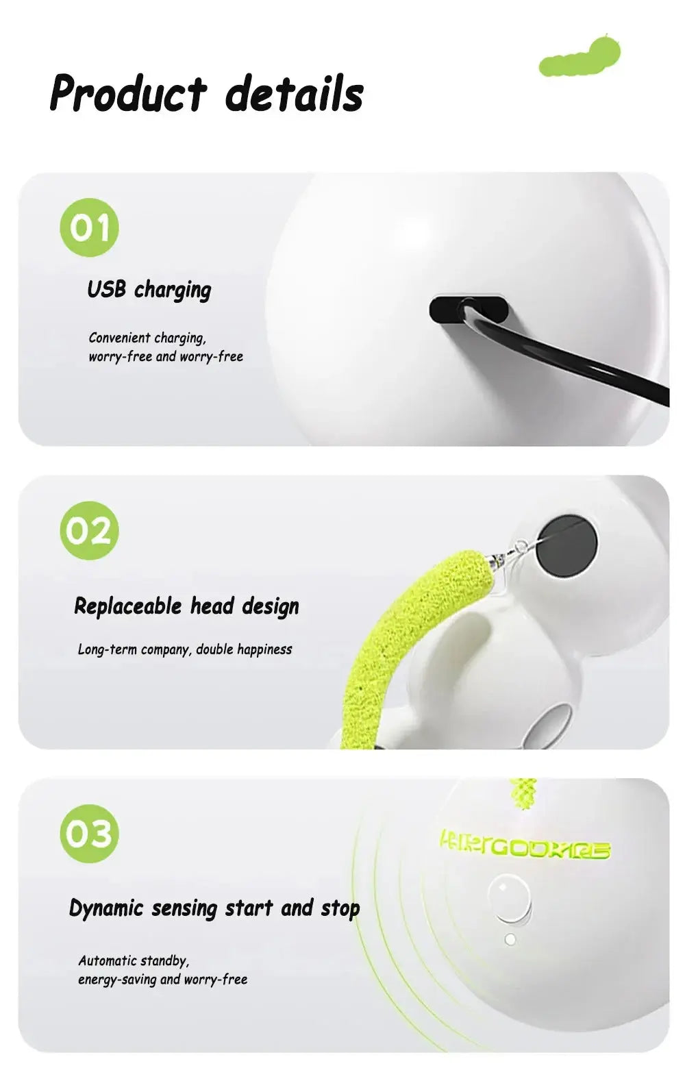 Caterpillar Interactive Cat Toy Motion‑Activated Rechargeable Wack‑A‑Worm Teasing Post AEX Av8Store
