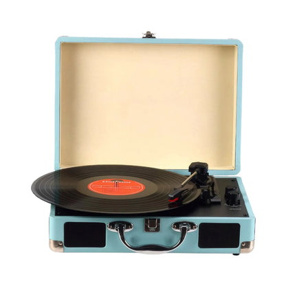 Record player control knob and suitcase case close-up views