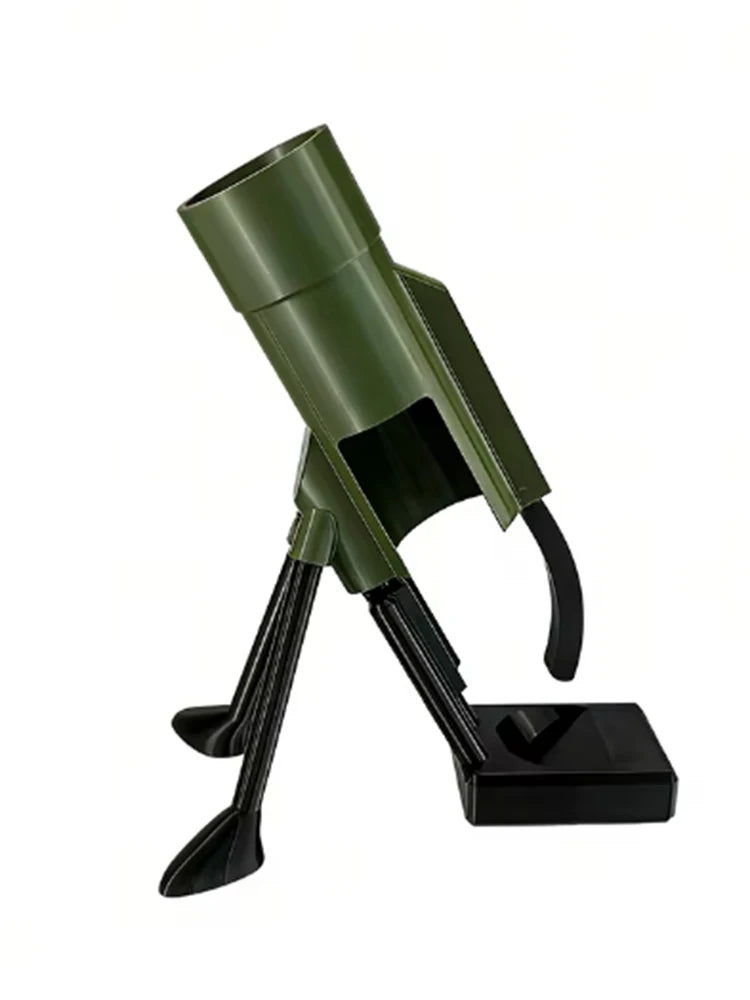 Army green mortar beer bottle opener cap launcher with black tripod legs and base