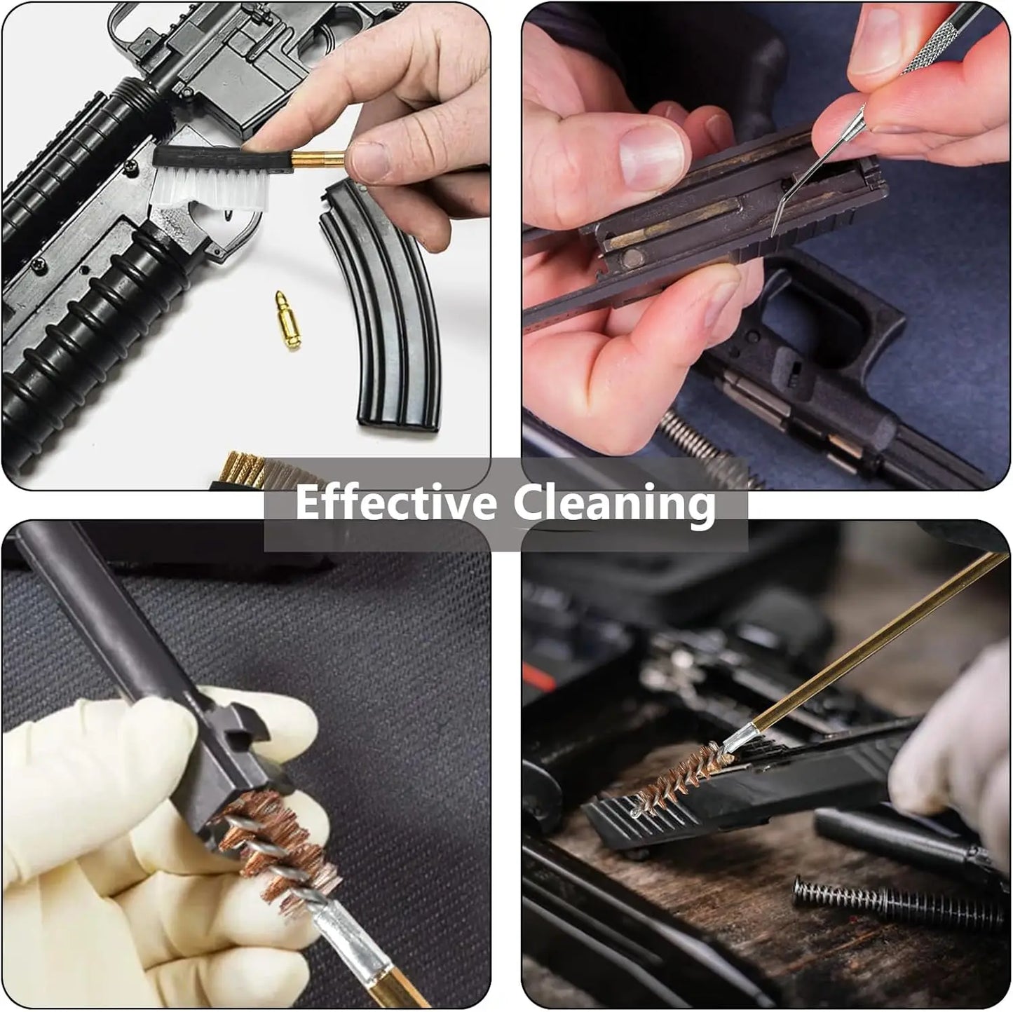Four-panel collage showing a firearm cleaning kit in use: disassembling a rifle, cleaning components with a brush, wiping parts with a cloth, and brush detail on a wooden surface. A central text banner reads 'Effective Cleaning'.