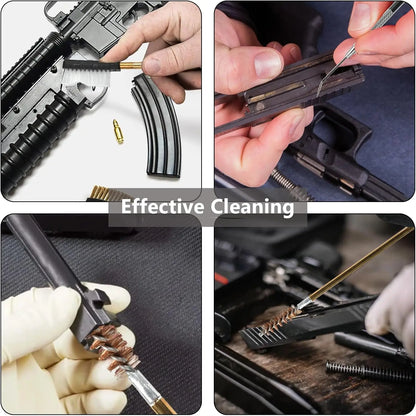 Four-panel collage showing a firearm cleaning kit in use: disassembling a rifle, cleaning components with a brush, wiping parts with a cloth, and brush detail on a wooden surface. A central text banner reads 'Effective Cleaning'.