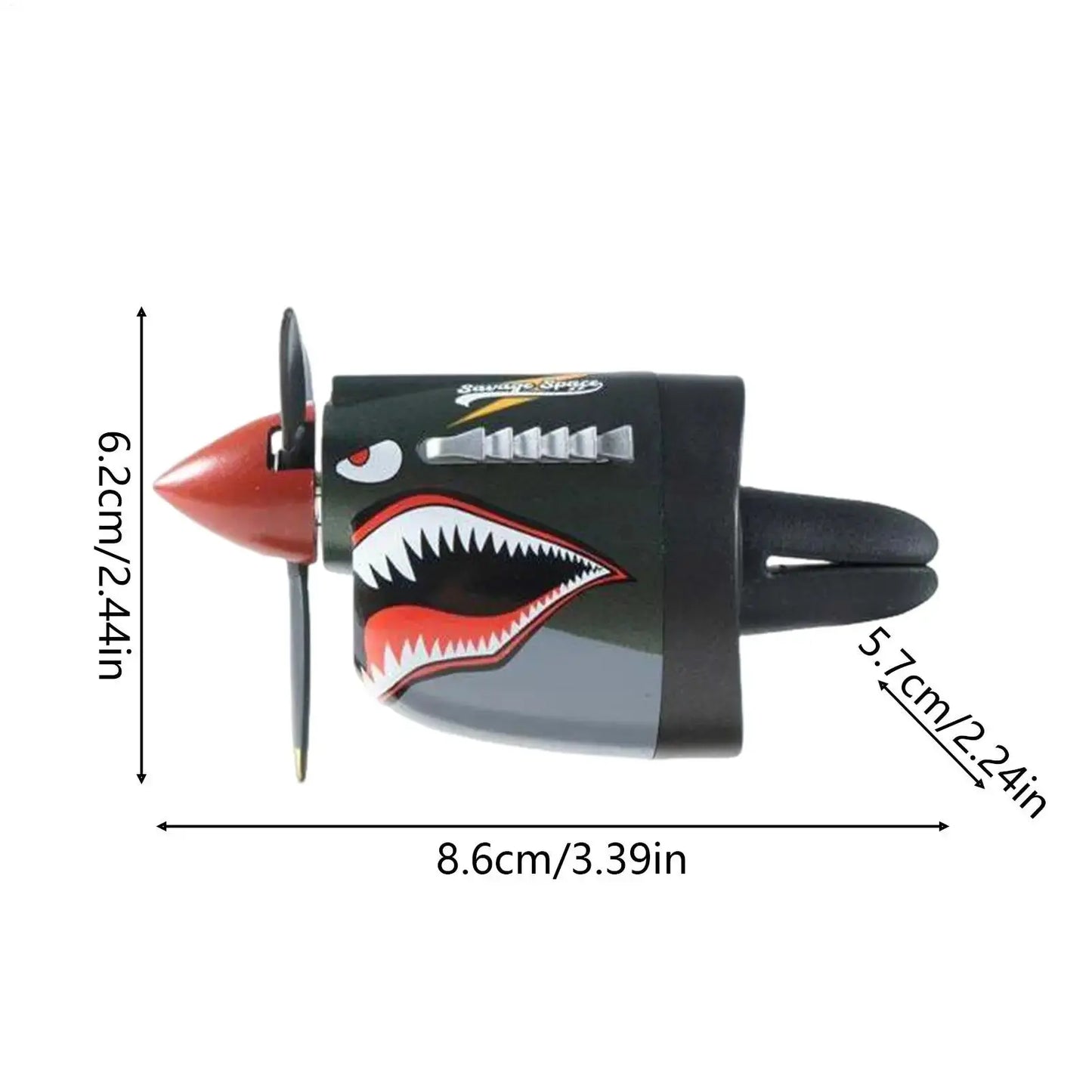 Shark-themed air vent car accessory with dimensions on a white background