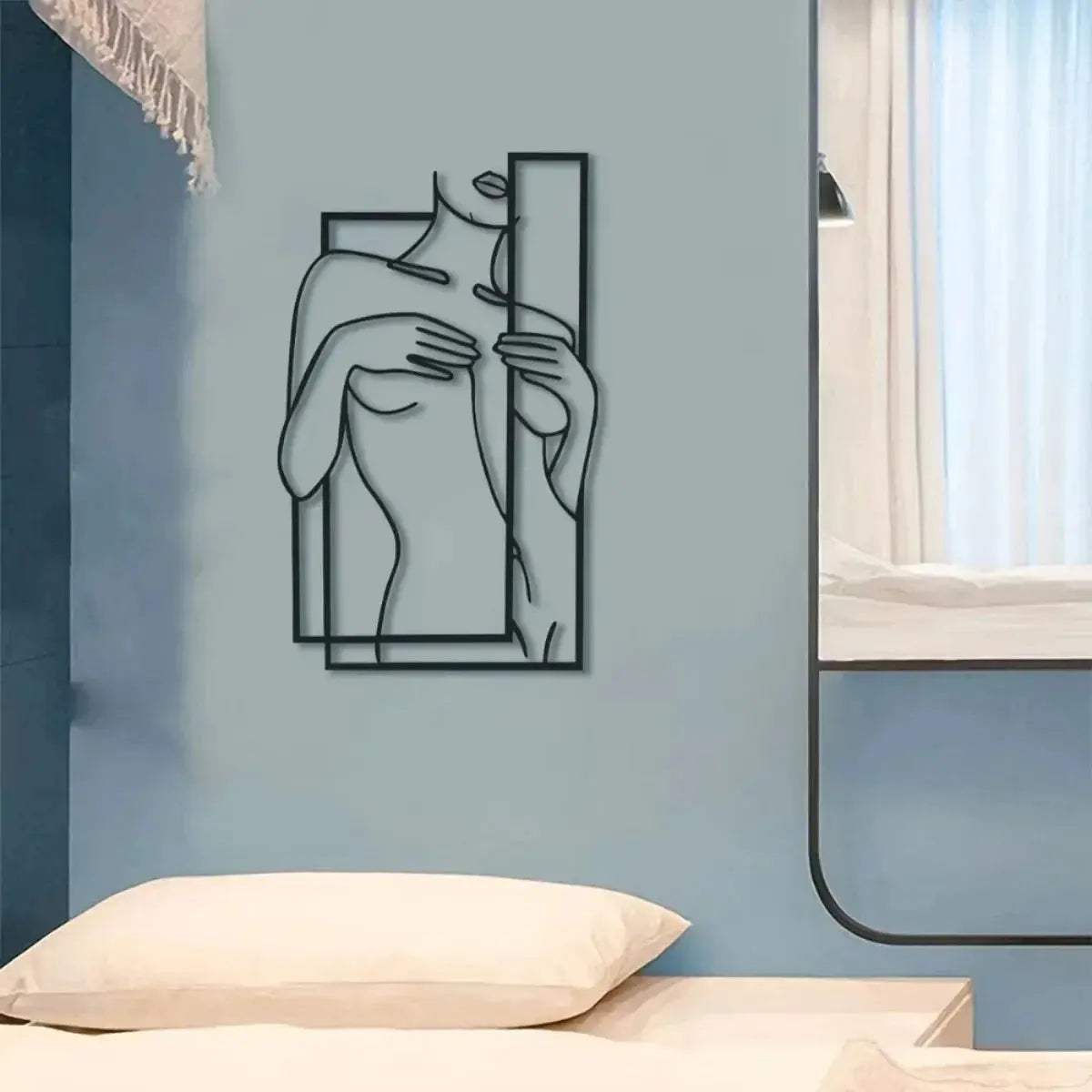 Large Feminine Metal Line Art Mural | Minimalist Black Wall Sculpture Bathroom AEX