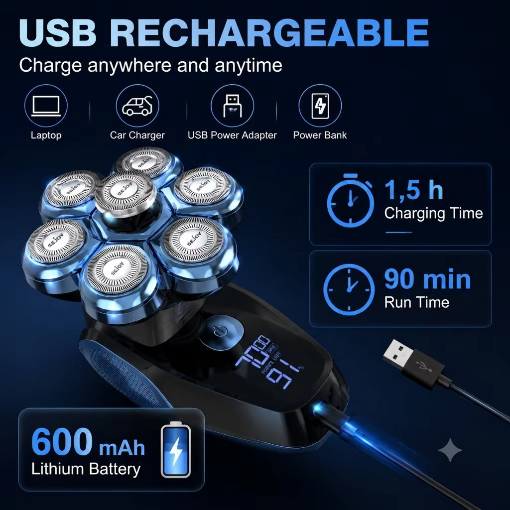 7D Floating 5-in-1 Electric Head Shaver for Bald Men | IPX7, LED, USB-C Fast Charge