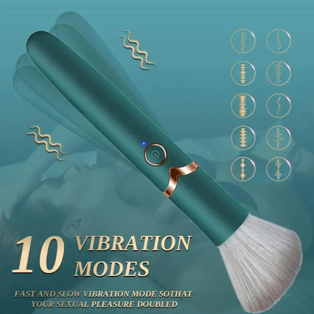 Teal handheld massager with white bristle brush on a blue background, featuring 10 vibration modes.