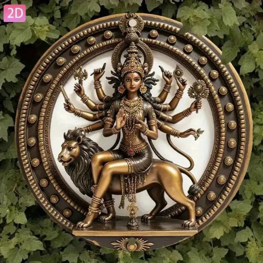 Hindu Goddess Durga Wall Art Plaque | Vintage Golden Black Aluminum Lion Mount Decor AEX