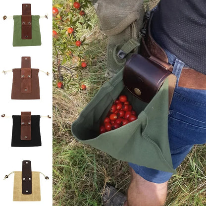 Green canvas and leather collapsible foraging bag