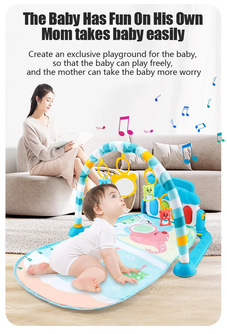Baby playing on a colorful play mat with a woman sitting nearby, text about creating a safe playground for babies.