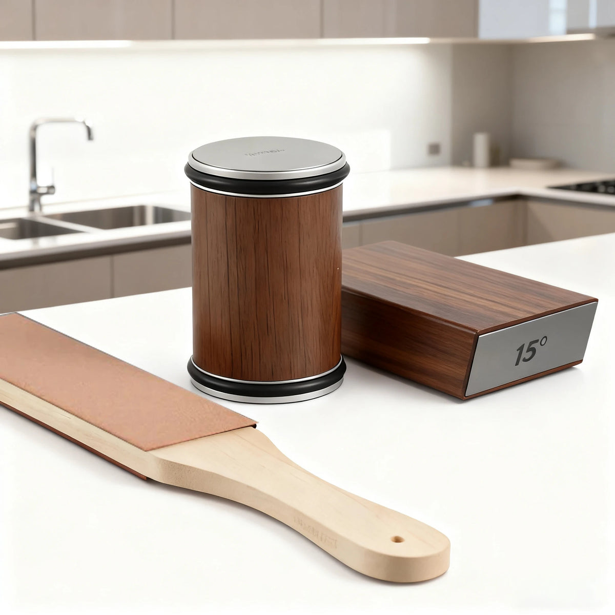 Knife sharpener diamond stone roller in use on kitchen knife