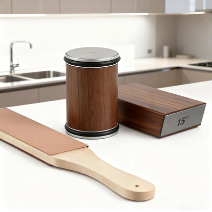 Knife sharpener diamond stone roller in use on kitchen knife