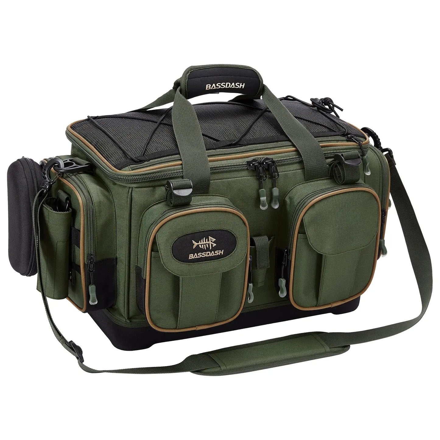Green and black fishing bag with 'Bassdash' branding on a white background