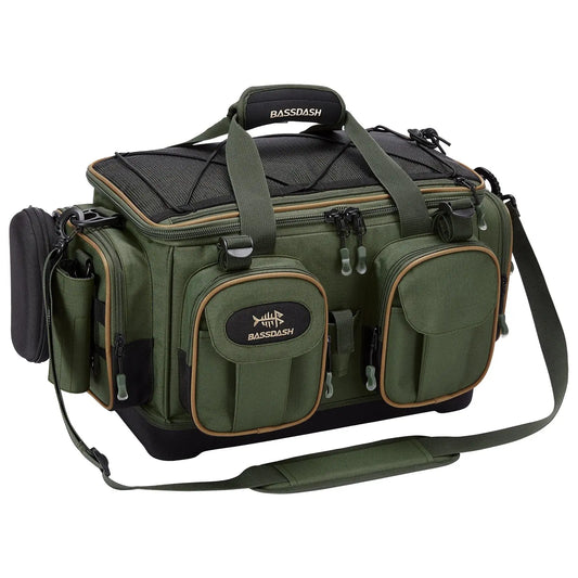 Green and black fishing bag with 'Bassdash' branding on a white background