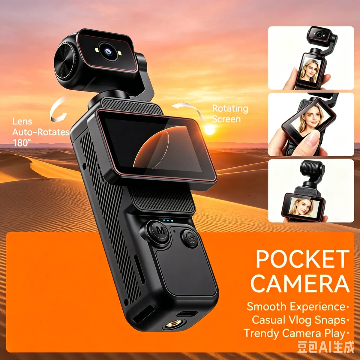 Black pocket handheld vlog camera with rotatable lens