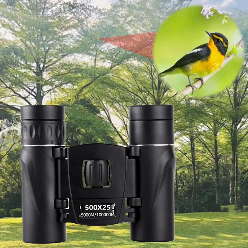 Black binoculars with a bird on a branch in a forest setting