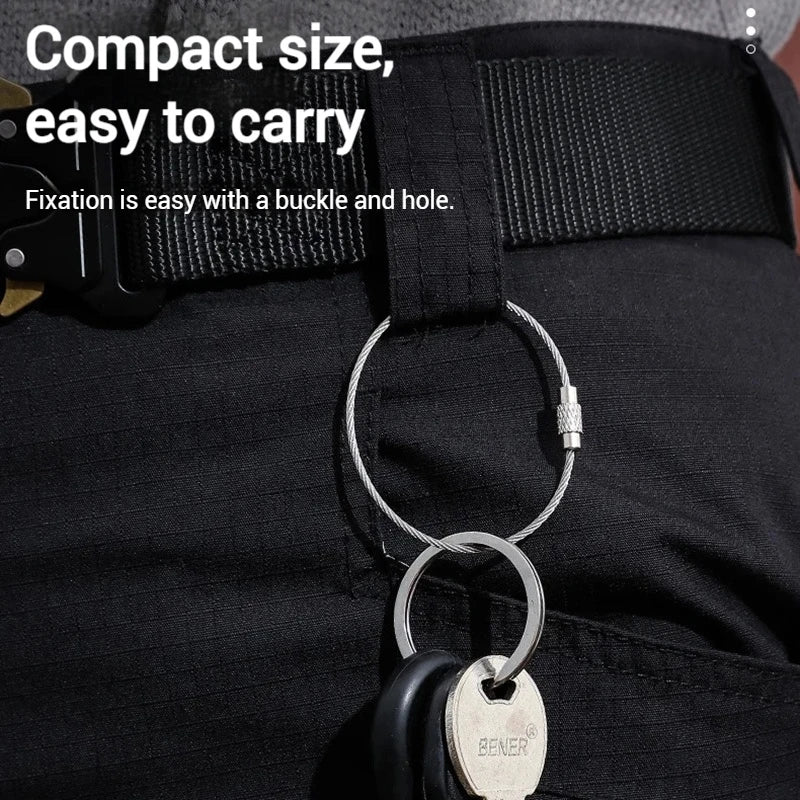 Wire rope keyring screw lock close-up