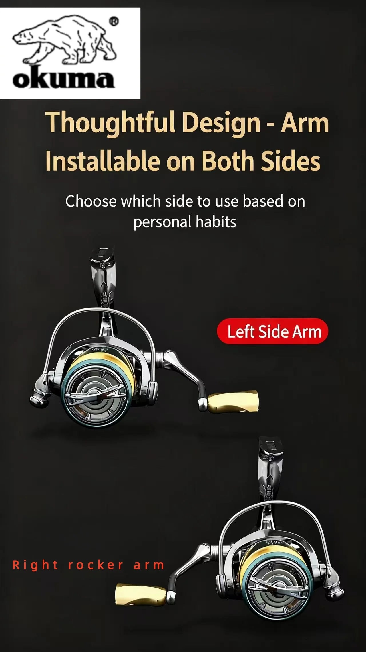 Okuma fishing reel with text explaining arm installation options on a black background