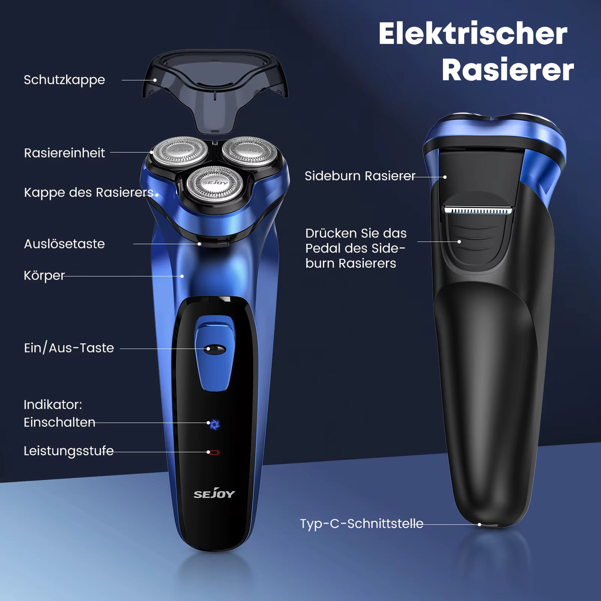 Men's Cordless Rotary Electric Shaver | Triple Blade, Wet/Dry, USB-C Fast Charge
