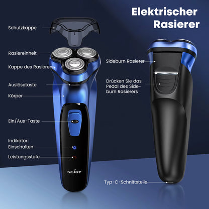 Men's Cordless Rotary Electric Shaver | Triple Blade, Wet/Dry, USB-C Fast Charge