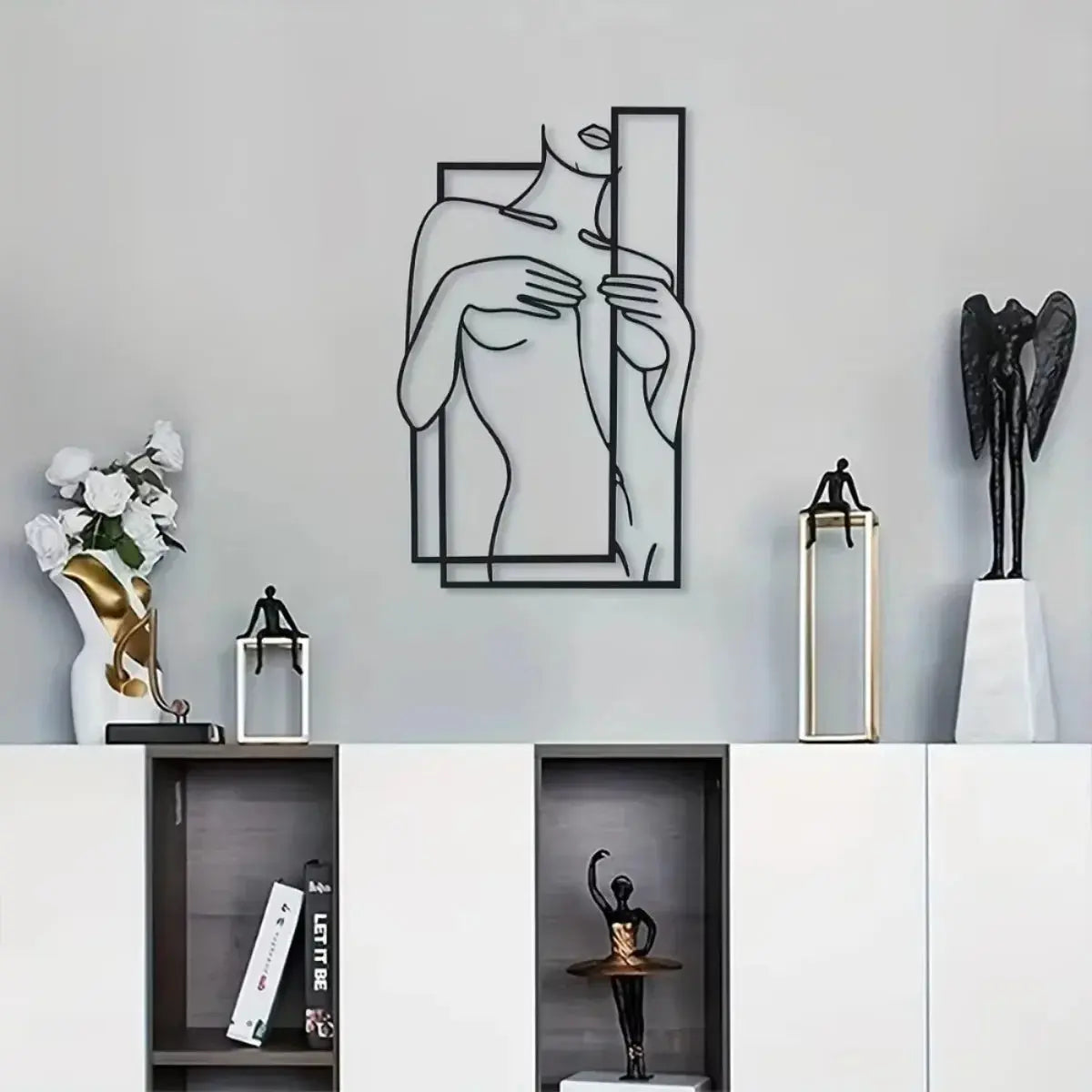 Large Feminine Metal Line Art Mural | Minimalist Black Wall Sculpture Bathroom AEX