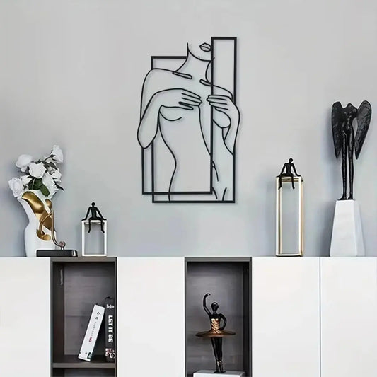 Large Feminine Metal Line Art Mural | Minimalist Black Wall Sculpture Bathroom AEX