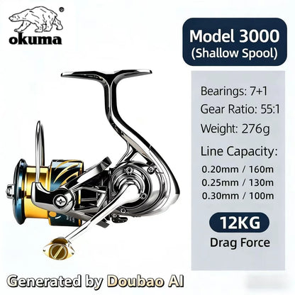Fishing reel with specifications on a white background, featuring the Okuma brand.