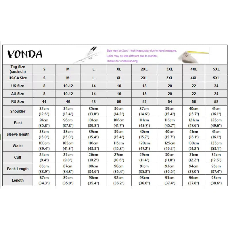 Vonda size chart for clothing with measurements in various units