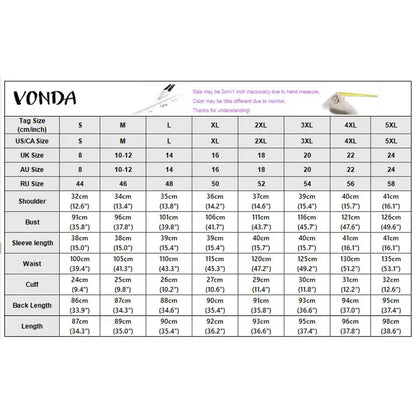 Vonda size chart for clothing with measurements in various units