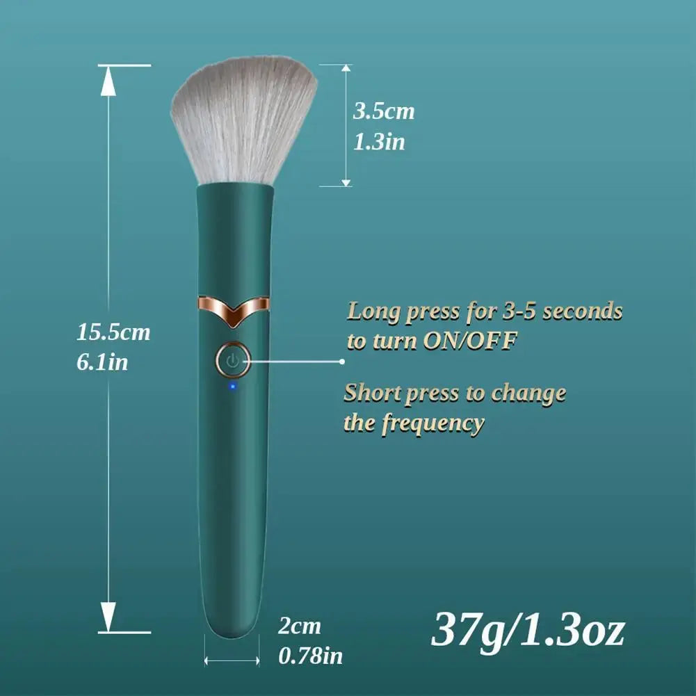 Teal electronic brush with measurements and instructions on a teal background