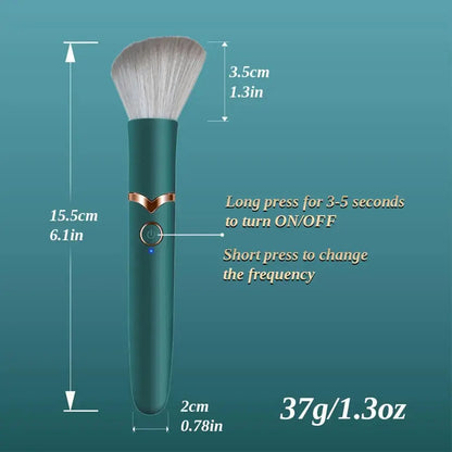 Teal electronic brush with measurements and instructions on a teal background