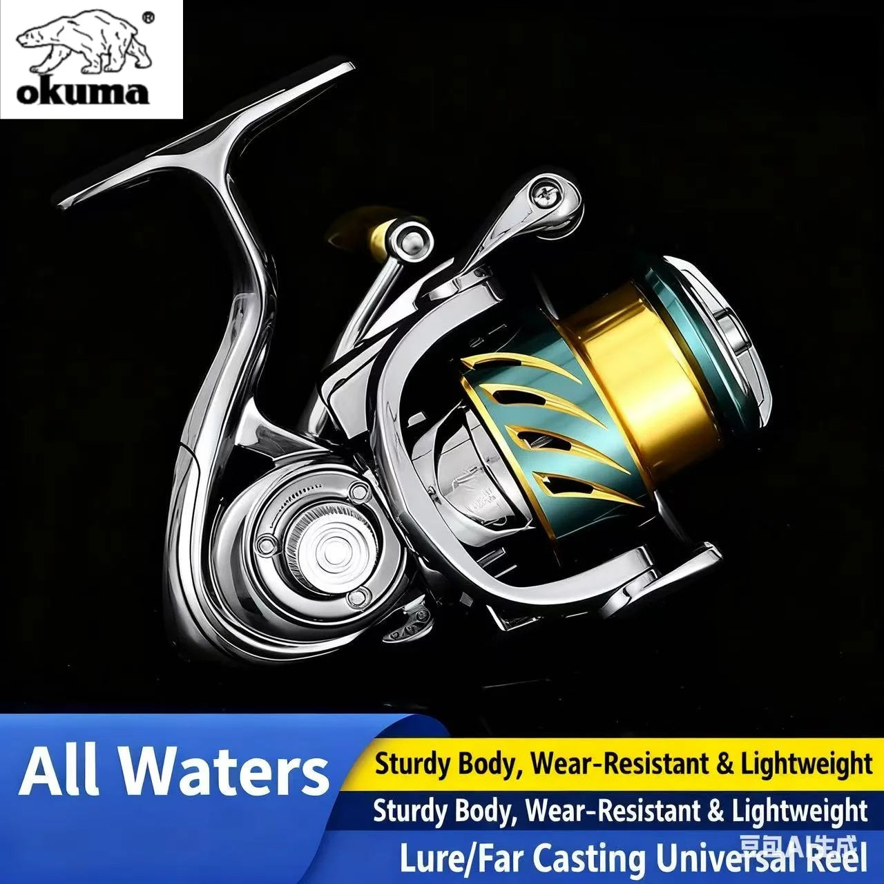 Fishing reel with Okuma branding on a dark background