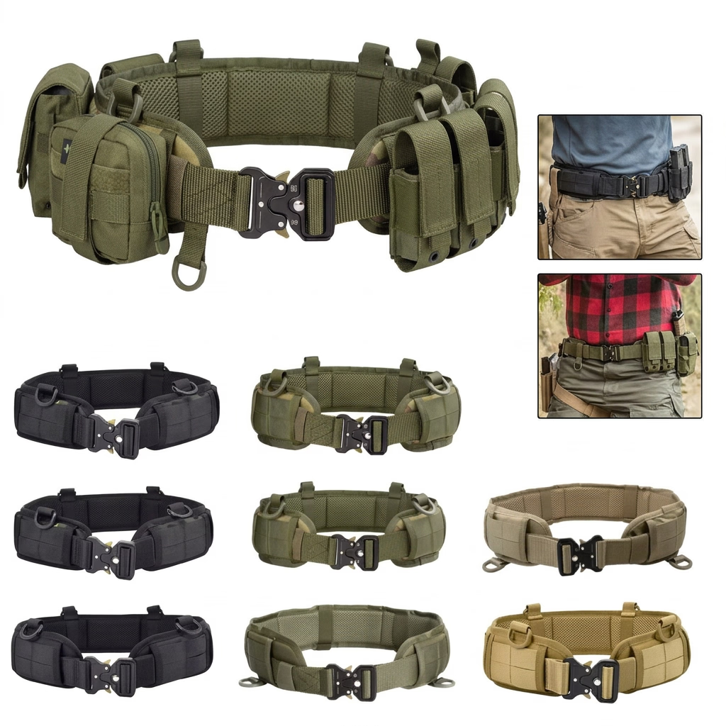 Military tactical belt with various color options and buckle features on a white background.