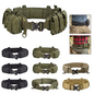 Military tactical belt with various color options and buckle features on a white background.