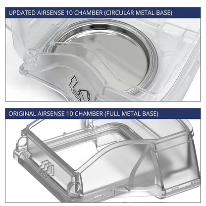 Comparison of Updated and Original Airsense 10 Chamber designs with circular metal base and full metal base respectively.