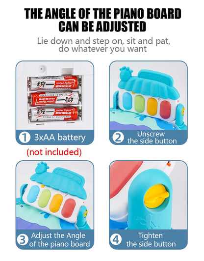 Instructions for adjusting a colorful piano board with batteries included.