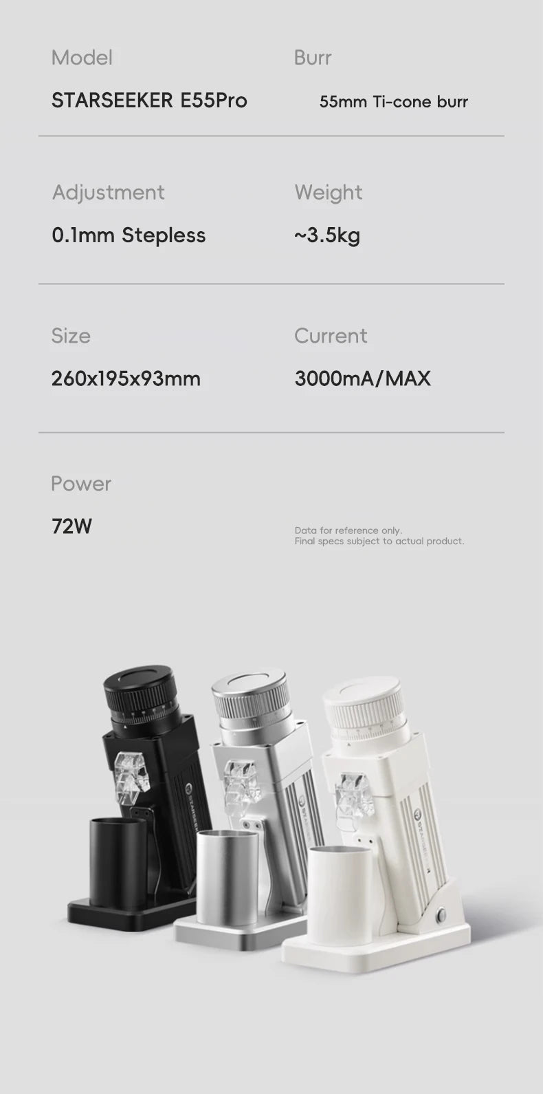 STARSEEKER E55Pro Coffee Grinder | 55mm Titanium Burr | Stepless Espresso Grinder