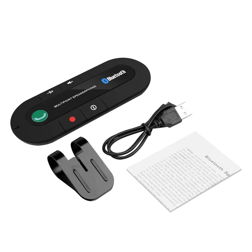 Bluetooth car kit package contents – sun visor clip speakerphone, Micro-USB charging cable and user manual

