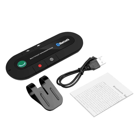 Bluetooth car kit package contents – sun visor clip speakerphone, Micro-USB charging cable and user manual

