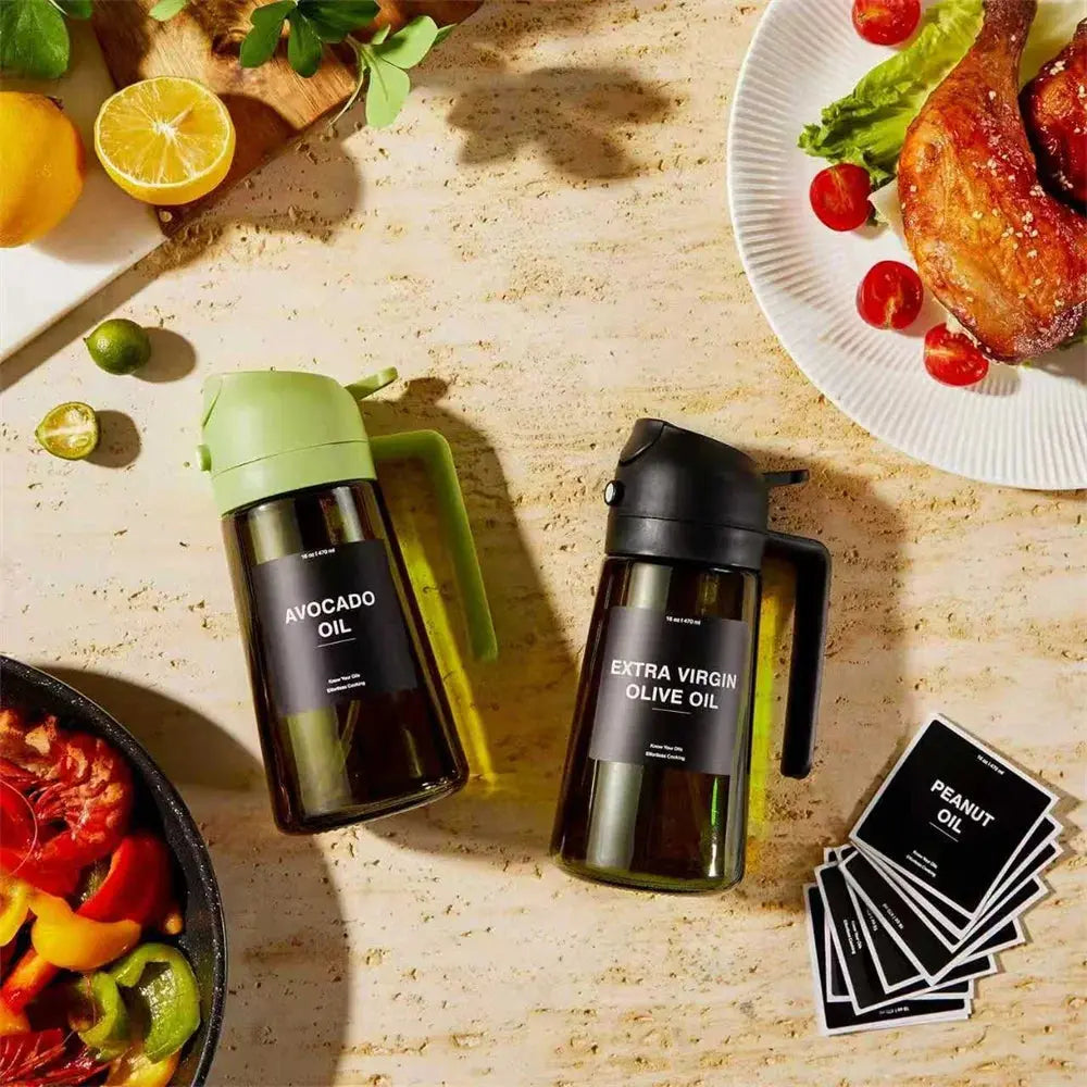 470ml Oil Sprayer 2‑in‑1 Olive Oil Dispenser Thick Glass Spray Bottle with Stickers AEX