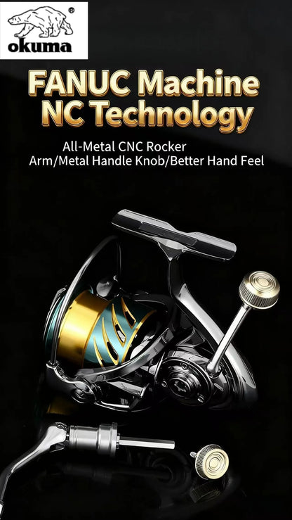 Fishing reel with FANUC machine NC technology branding on a dark background