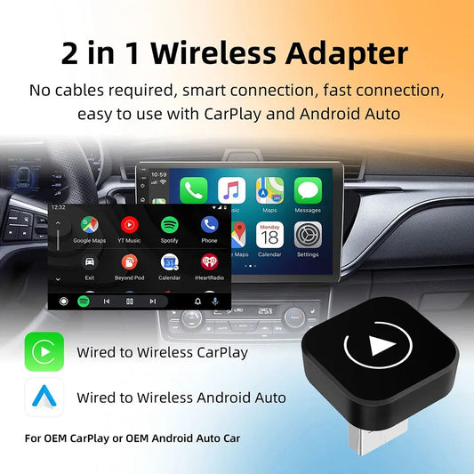 2-in-1 wireless adapter for CarPlay and Android Auto with smartphone display and product on car dashboard.