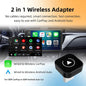 2-in-1 wireless adapter for CarPlay and Android Auto with smartphone display and product on car dashboard.