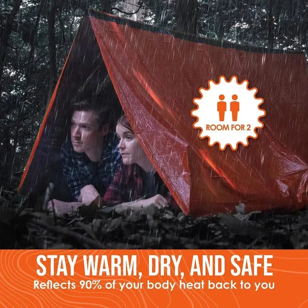 Two people sheltering under a red emergency blanket in the rain with text promoting its warmth, dryness, and safety features.