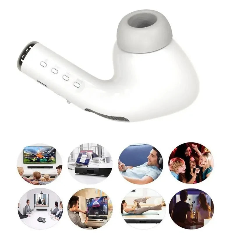 White wireless earbud with lifestyle images of people using technology on a white background