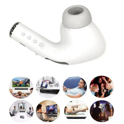 White wireless earbud with lifestyle images of people using technology on a white background