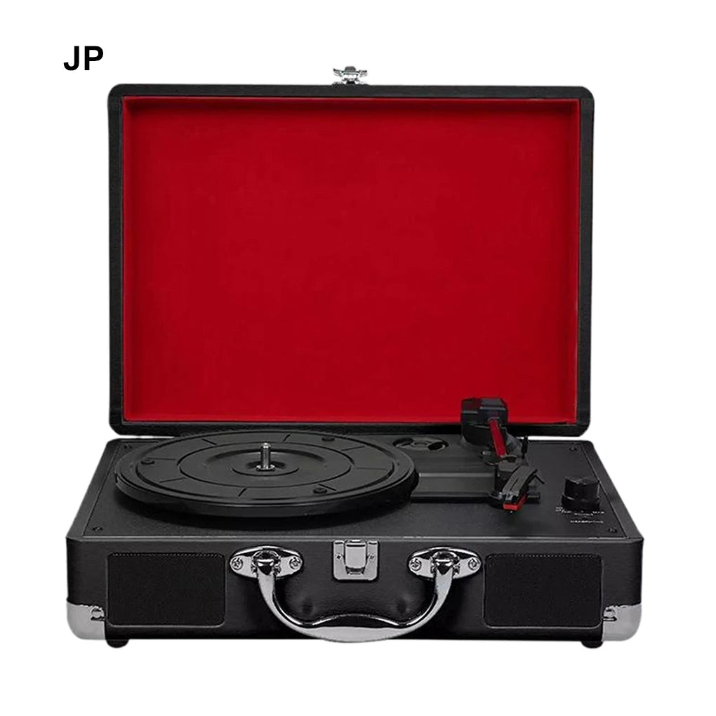 Black suitcase record player turntable with red lid, front view